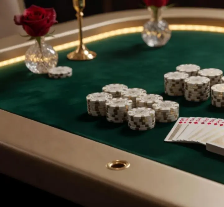 Prémium pókerasztalok és kaszinó minőségű zsetonok az Evening Flow Studio Poker Night rendezvényein.